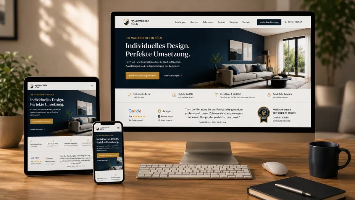 Dieselbe Website auf Monitor, Tablet und Smartphone nebeneinander