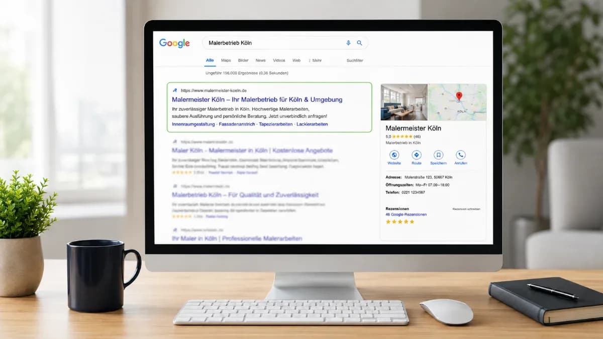 Google-Suchergebnisseite mit Eintrag und Unternehmensprofil eines Malerbetriebs