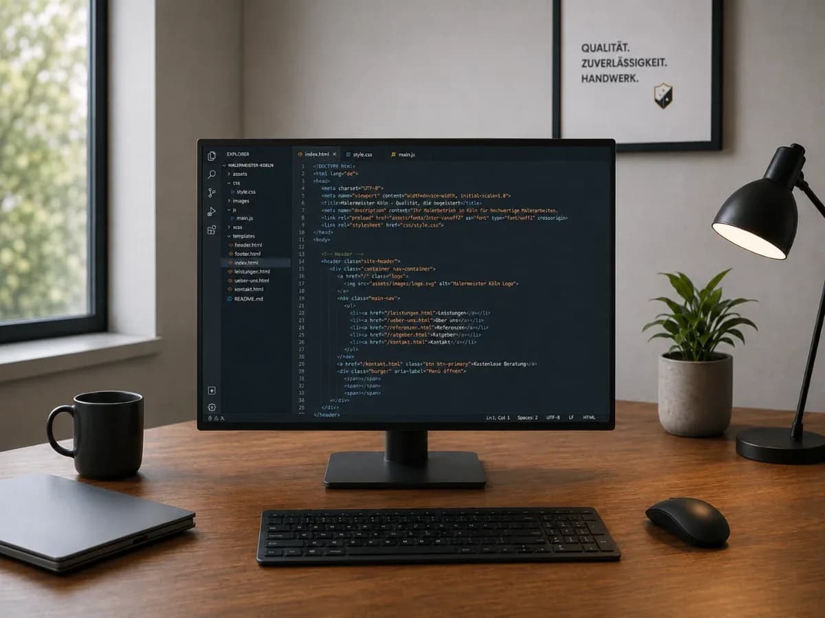 Code-Editor mit dem aufgeräumten Quelltext der Website