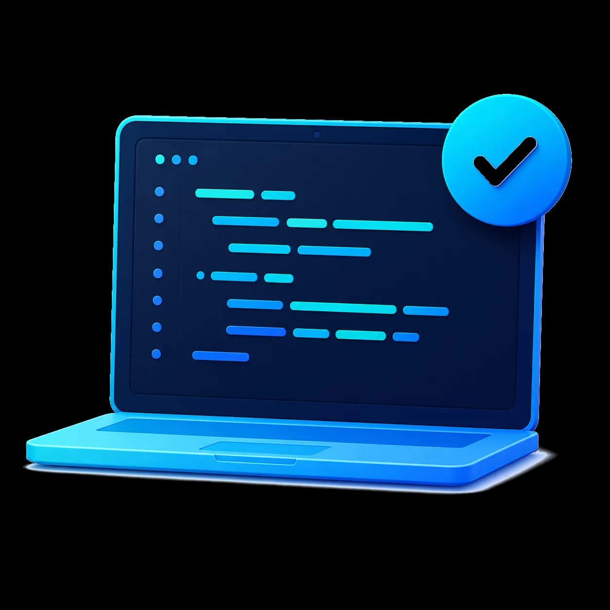 Laptop mit Quelltext und einem Häkchen als Zeichen für den bestandenen Test