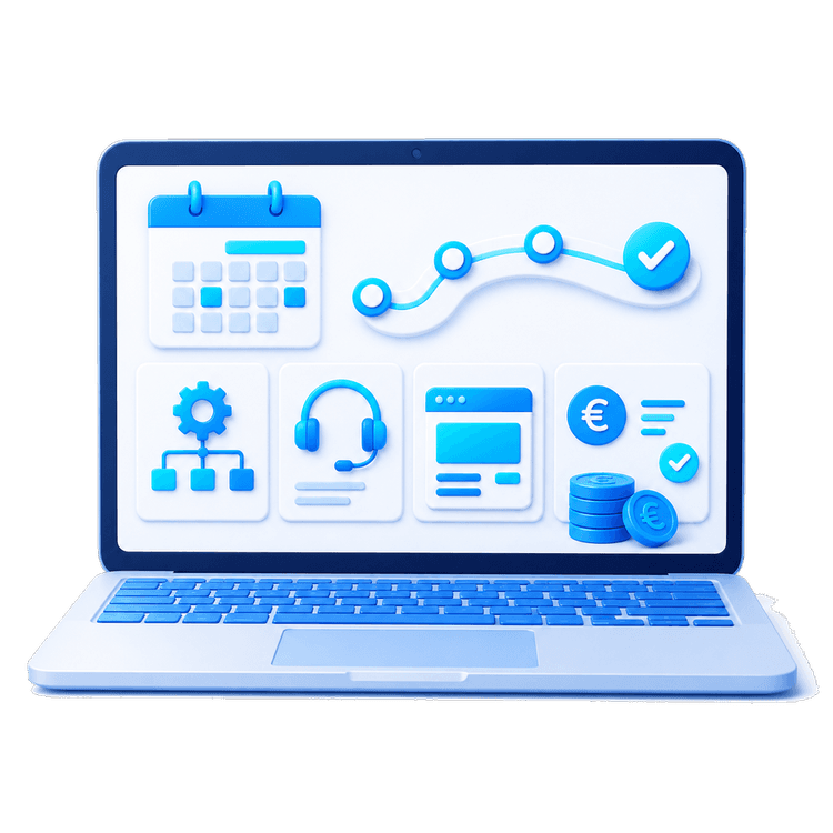 Laptop mit Zeitplan, Prozessen und Kosten